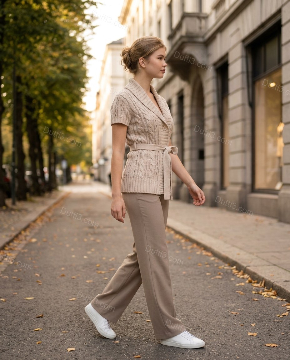 Beige Knit Ribbed Cardigan, movement and fit lifestyle view, by Dutti3