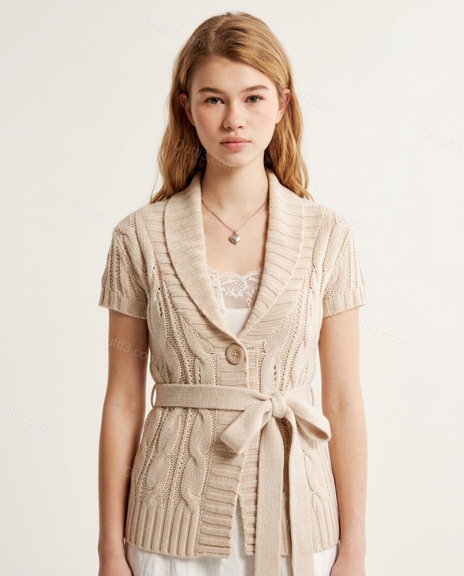 Beige Knit Ribbed Cardigan, front studio view, by Dutti3