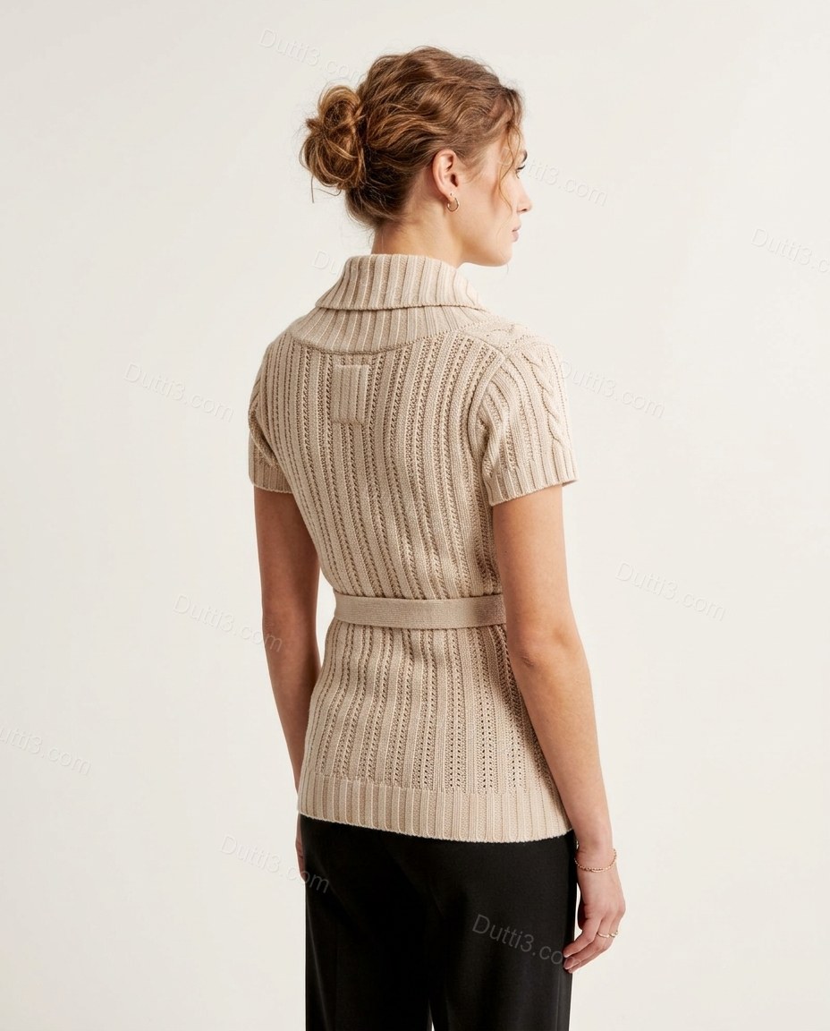 Beige Knit Ribbed Cardigan, back studio view, by Dutti3