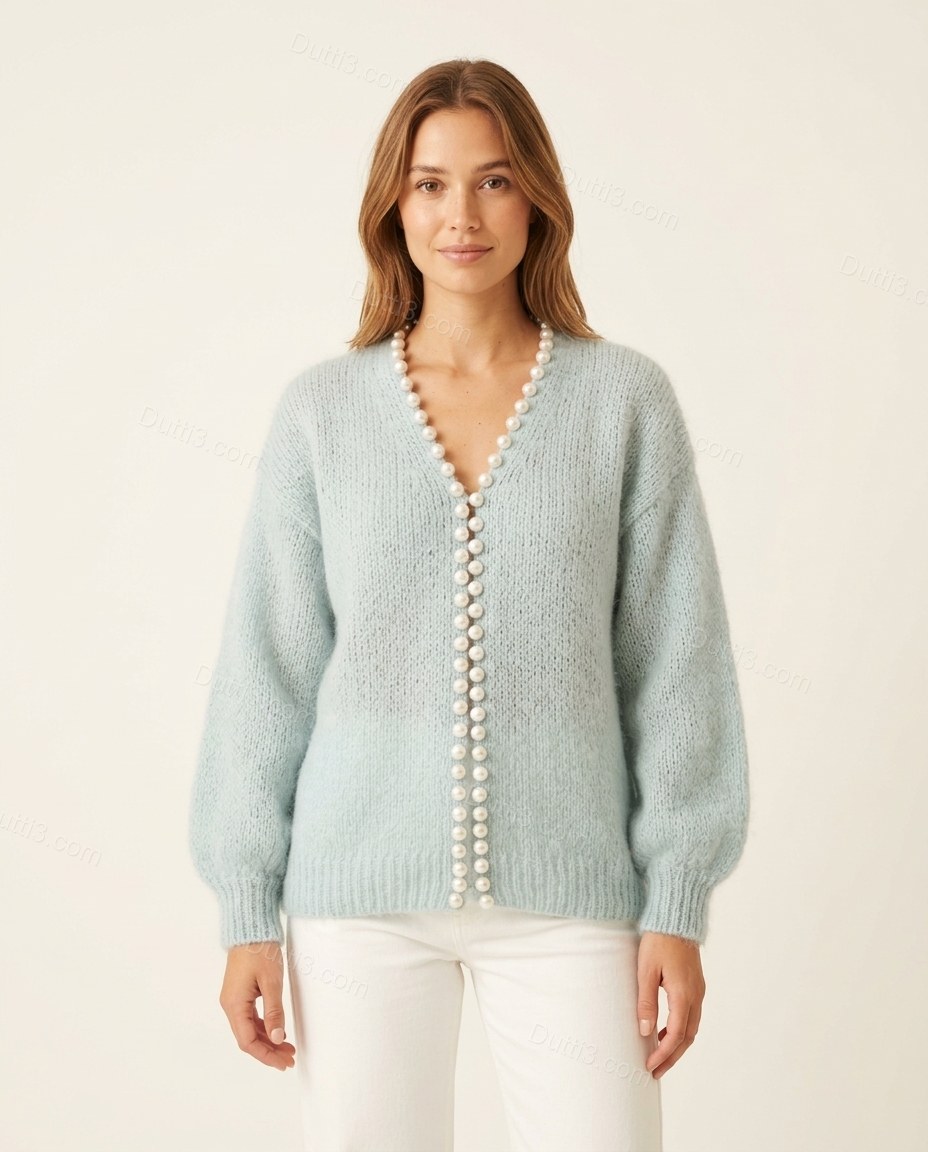 Light Blue Knit Cardigan, front studio view, by Dutti3