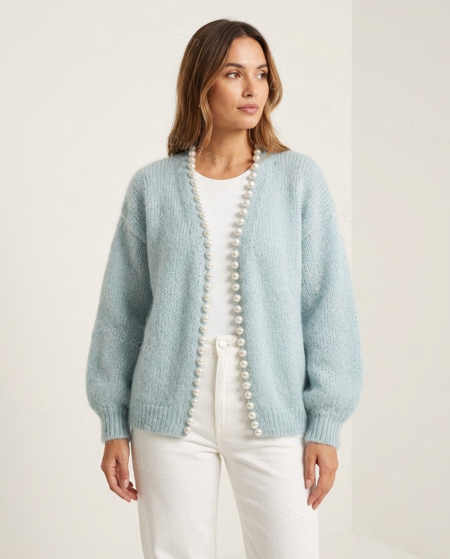 Light Blue Knit Cardigan, side and back studio view, by Dutti3