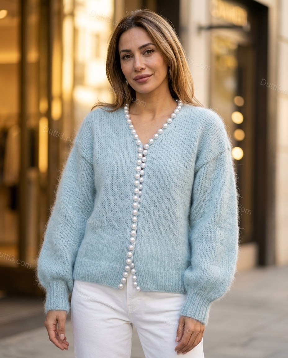 Light Blue Knit Cardigan, full-length hero view, by Dutti3