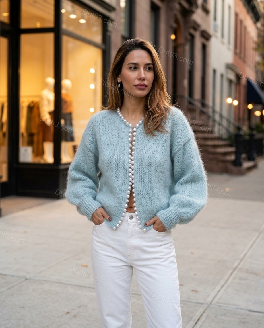 Light Blue Knit Cardigan, alternate use-case lifestyle view, by Dutti3