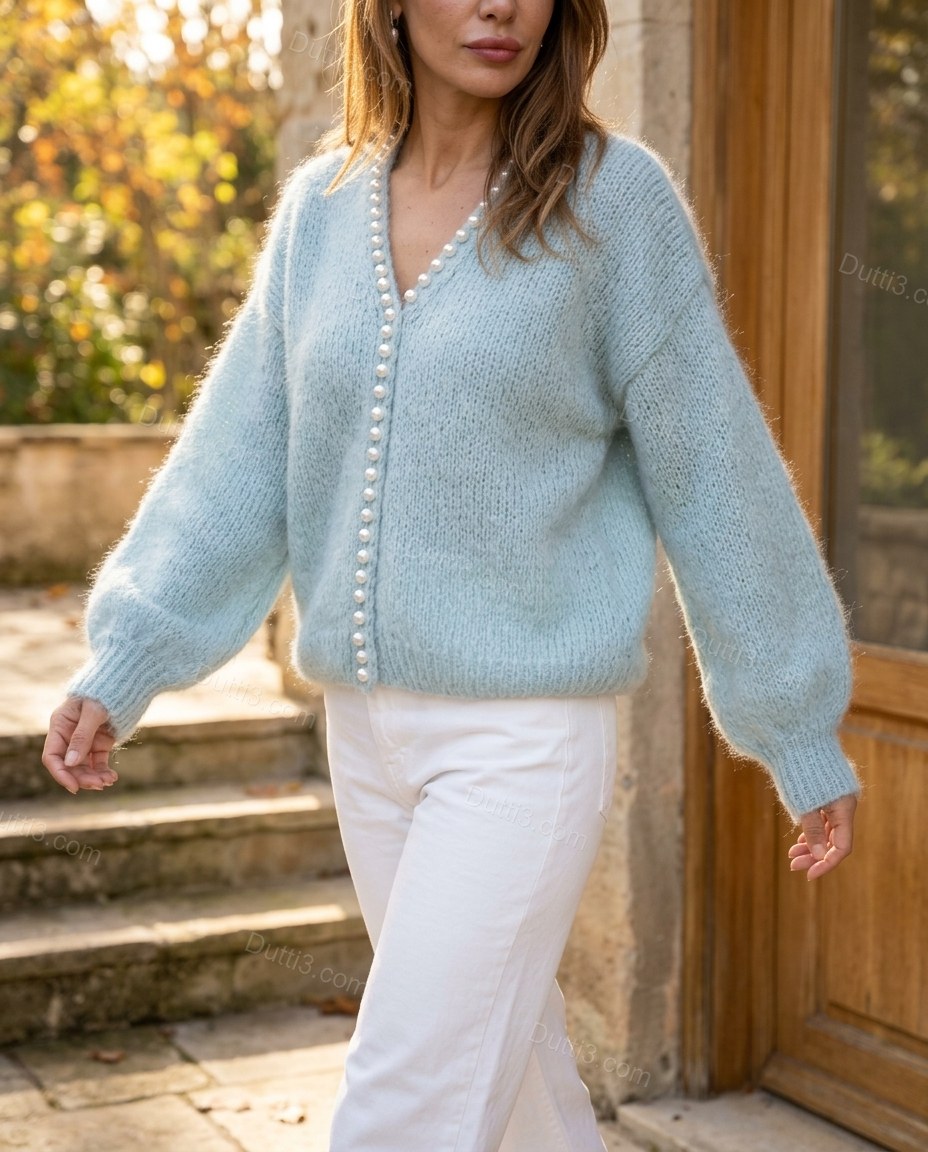 Light Blue Knit Cardigan, movement and fit lifestyle view, by Dutti3
