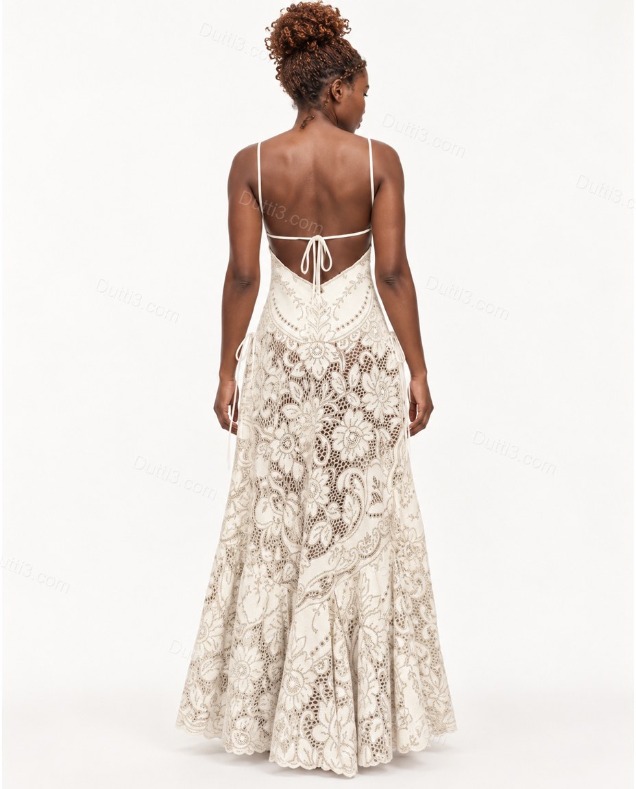 Ivory Floral Maxi Open-Back Dress, side and back studio view showing deep open back with a horizontal ivory tie bow, by Dutti3