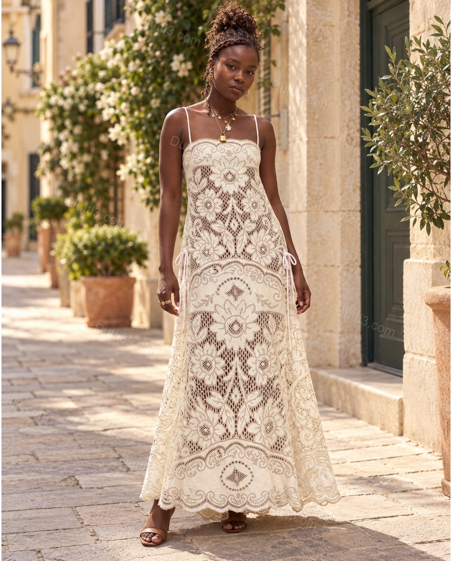 Ivory Floral Maxi Open-Back Dress, full-length hero view, by Dutti3