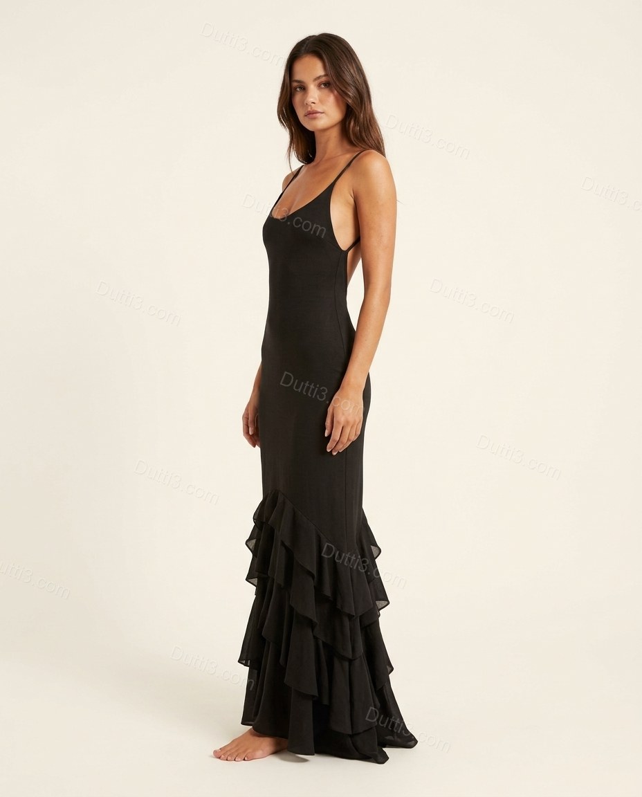 Black Maxi Ruffled Dress, side and back studio view, by Dutti3