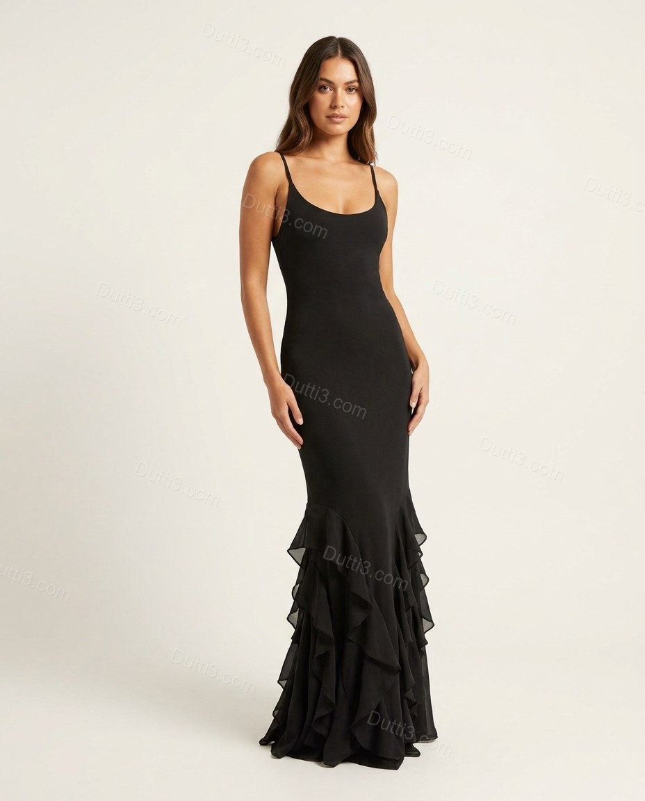 Black Maxi Ruffled Dress, front studio view, by Dutti3
