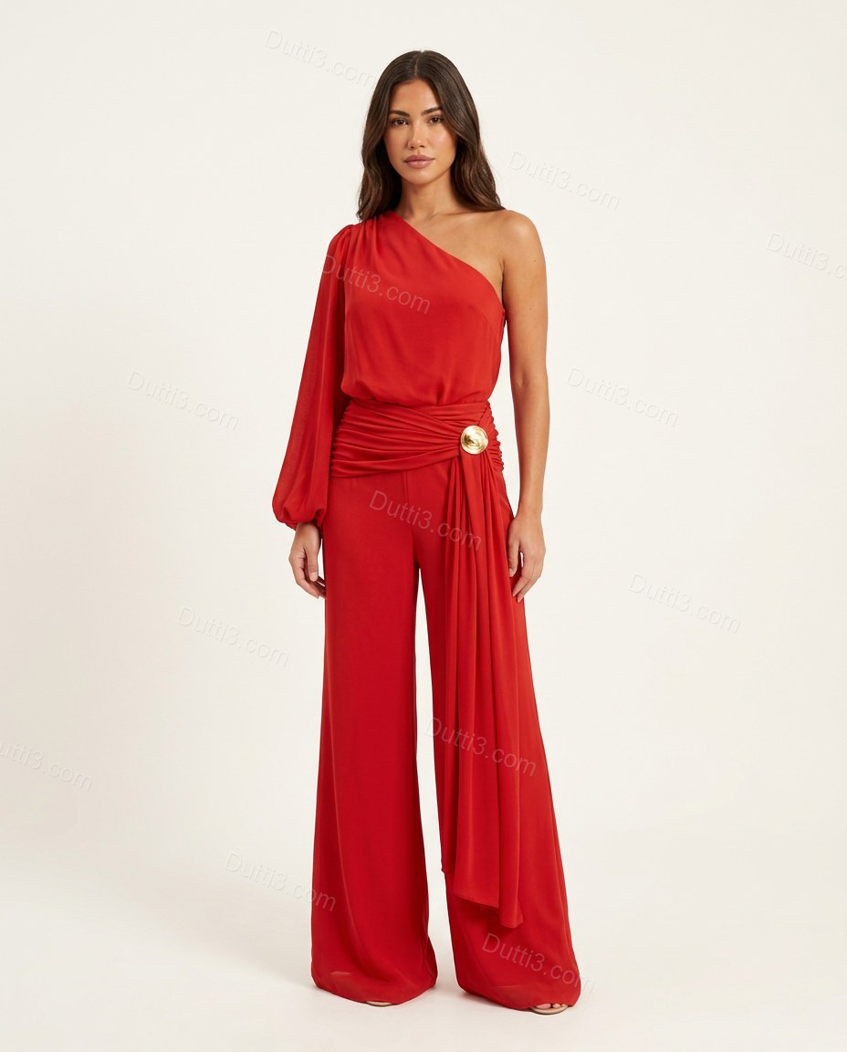 Red One-Shoulder Jumpsuit, side and back studio view, by Dutti3