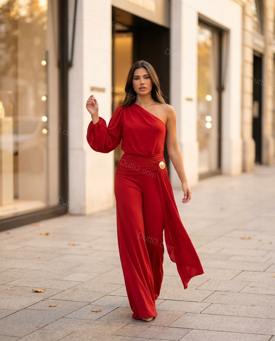 Red One-Shoulder Jumpsuit, walking lifestyle view, by Dutti3