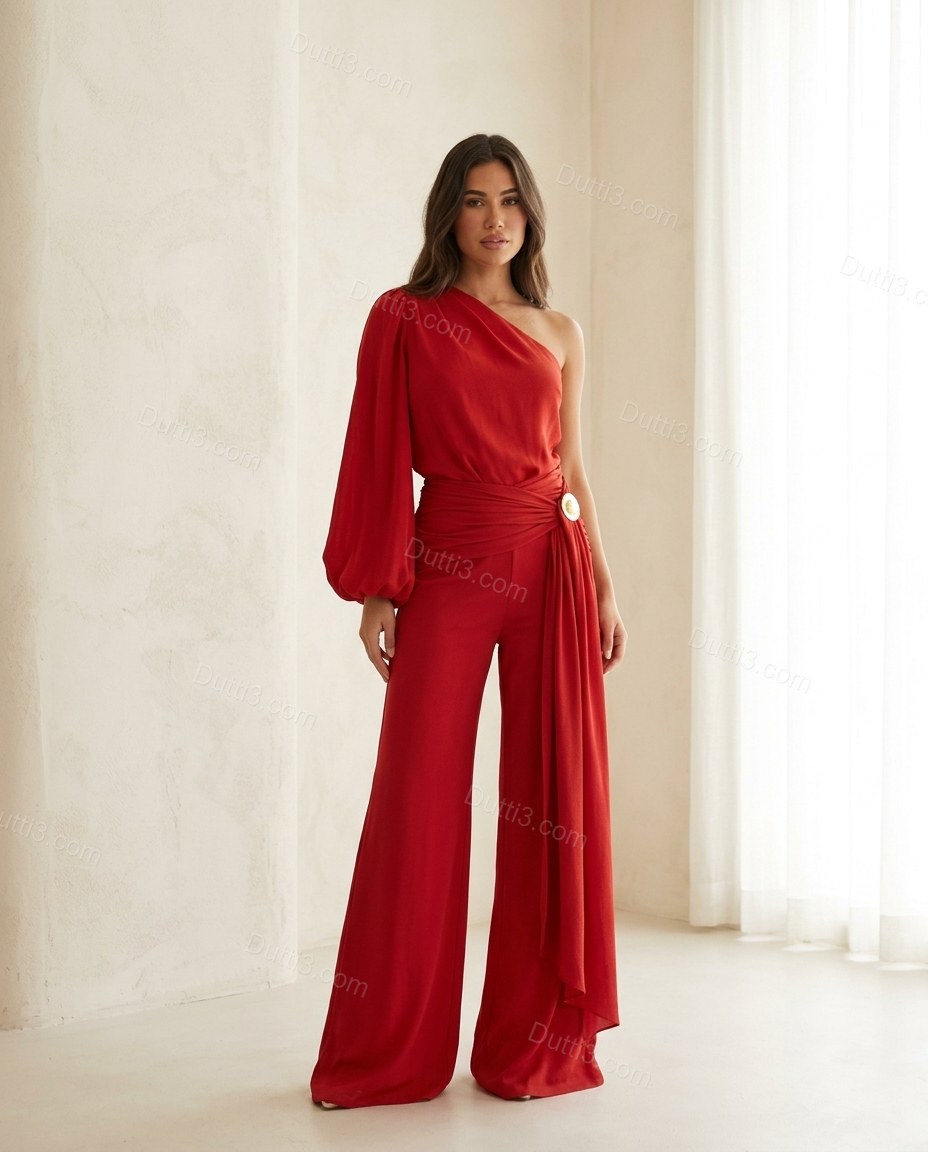 Red One-Shoulder Jumpsuit, full-length hero view, by Dutti3