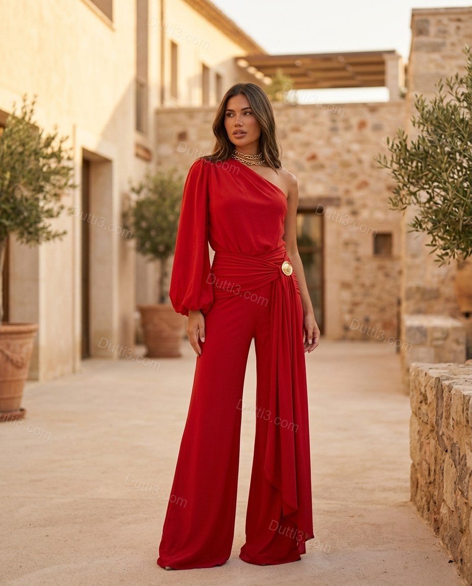 Red One-Shoulder Jumpsuit, three-quarter brand lifestyle view, by Dutti3