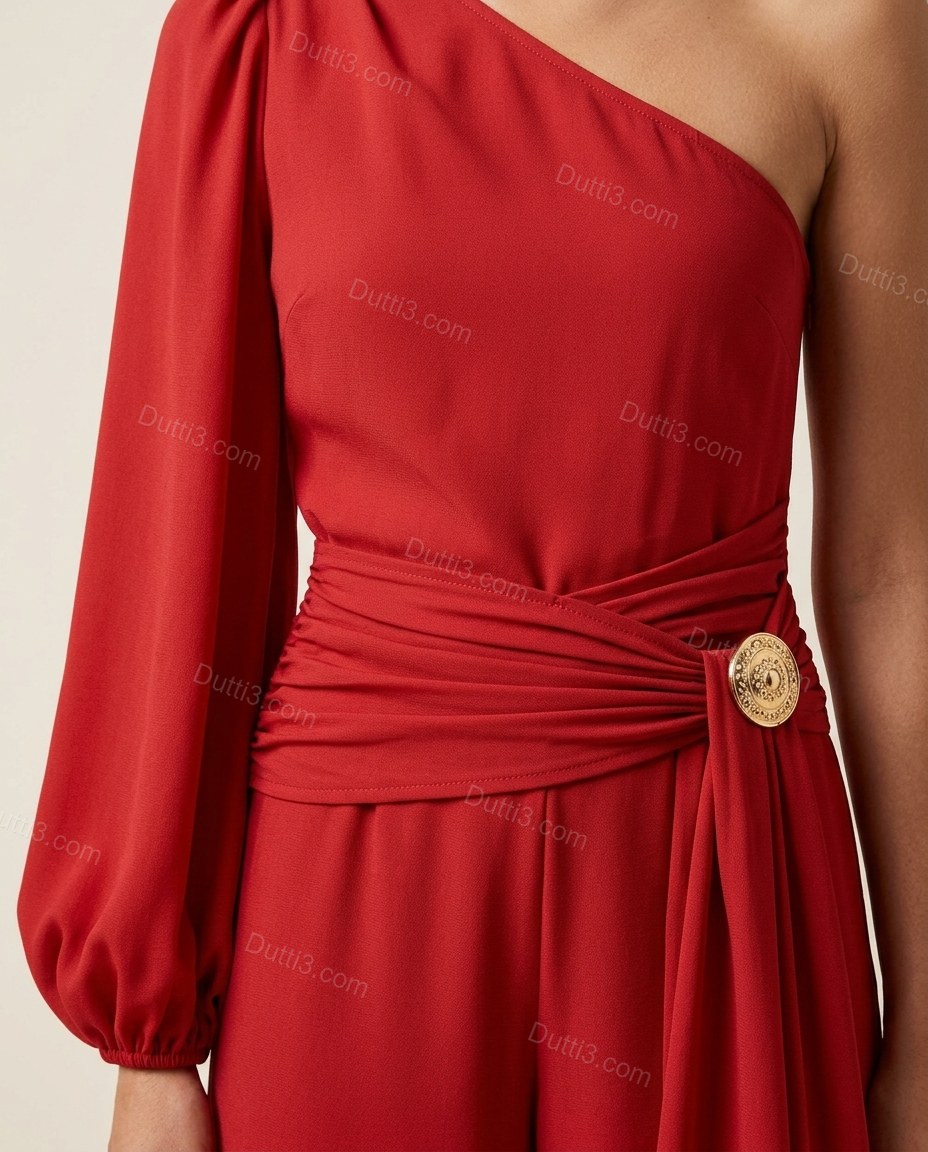 Red One-Shoulder Jumpsuit, close-up of ruching, draped detail and decorative button, by Dutti3