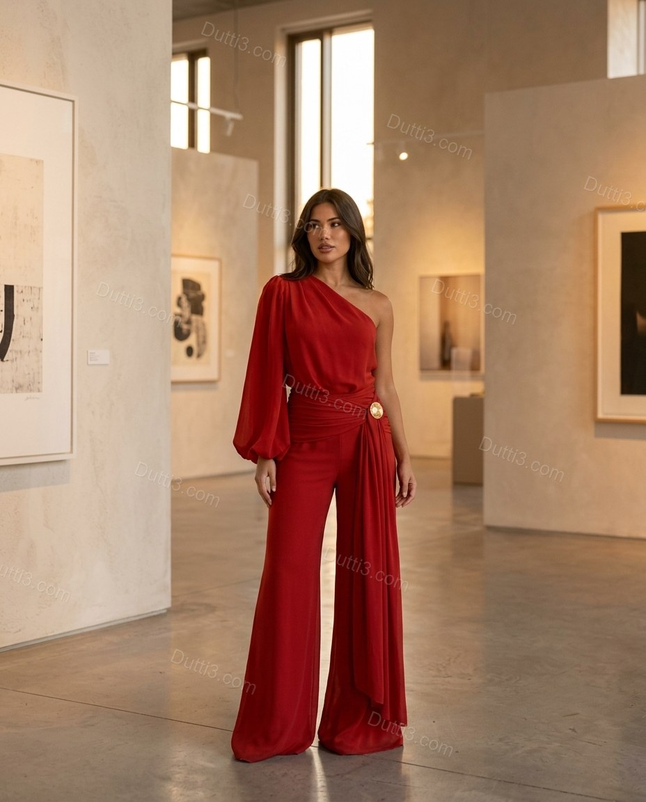 Red One-Shoulder Jumpsuit, alternate use-case lifestyle view, by Dutti3