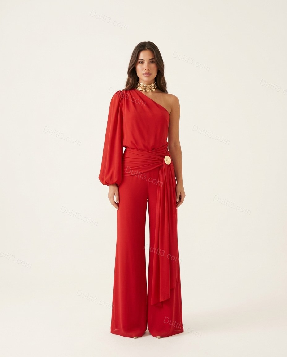 Red One-Shoulder Jumpsuit, front studio view, by Dutti3