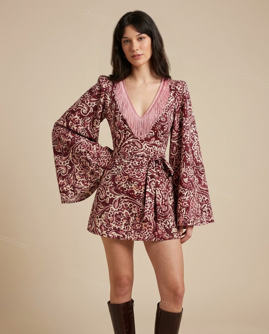 Maroon Paisley Mini Fringe Dress, full-length hero view, by Dutti3