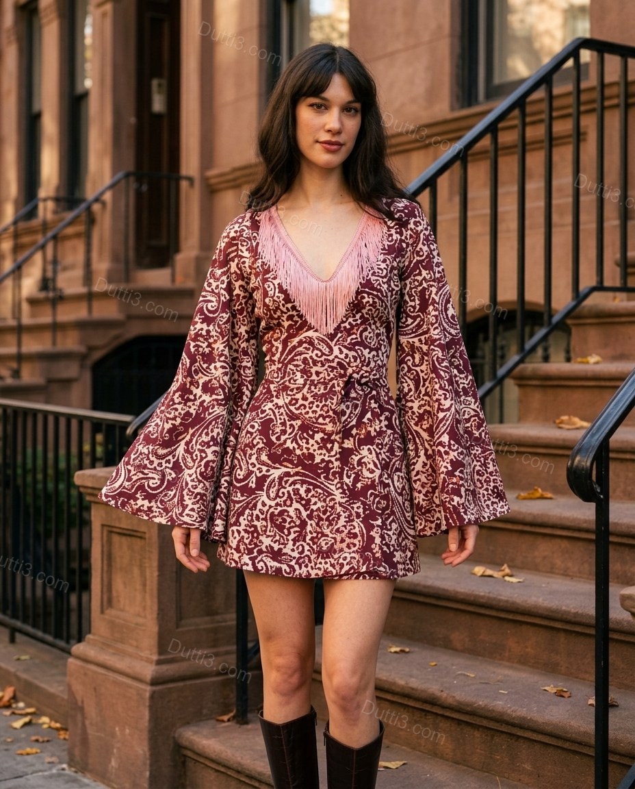 Maroon Paisley Mini Fringe Dress, alternate use-case lifestyle view, by Dutti3