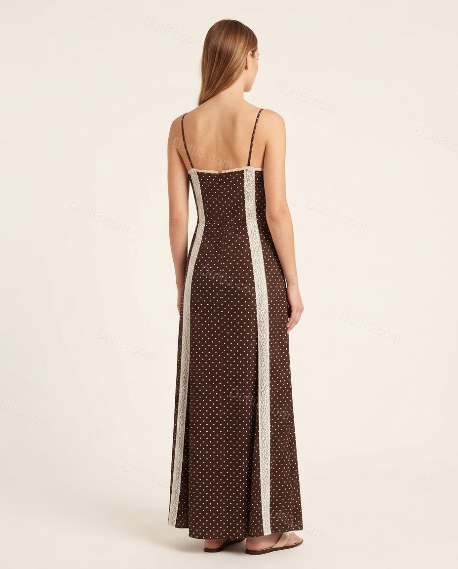 Brown Polka Dot Maxi Lace Dress, back studio view showing straight back with lace detailing, by Dutti3