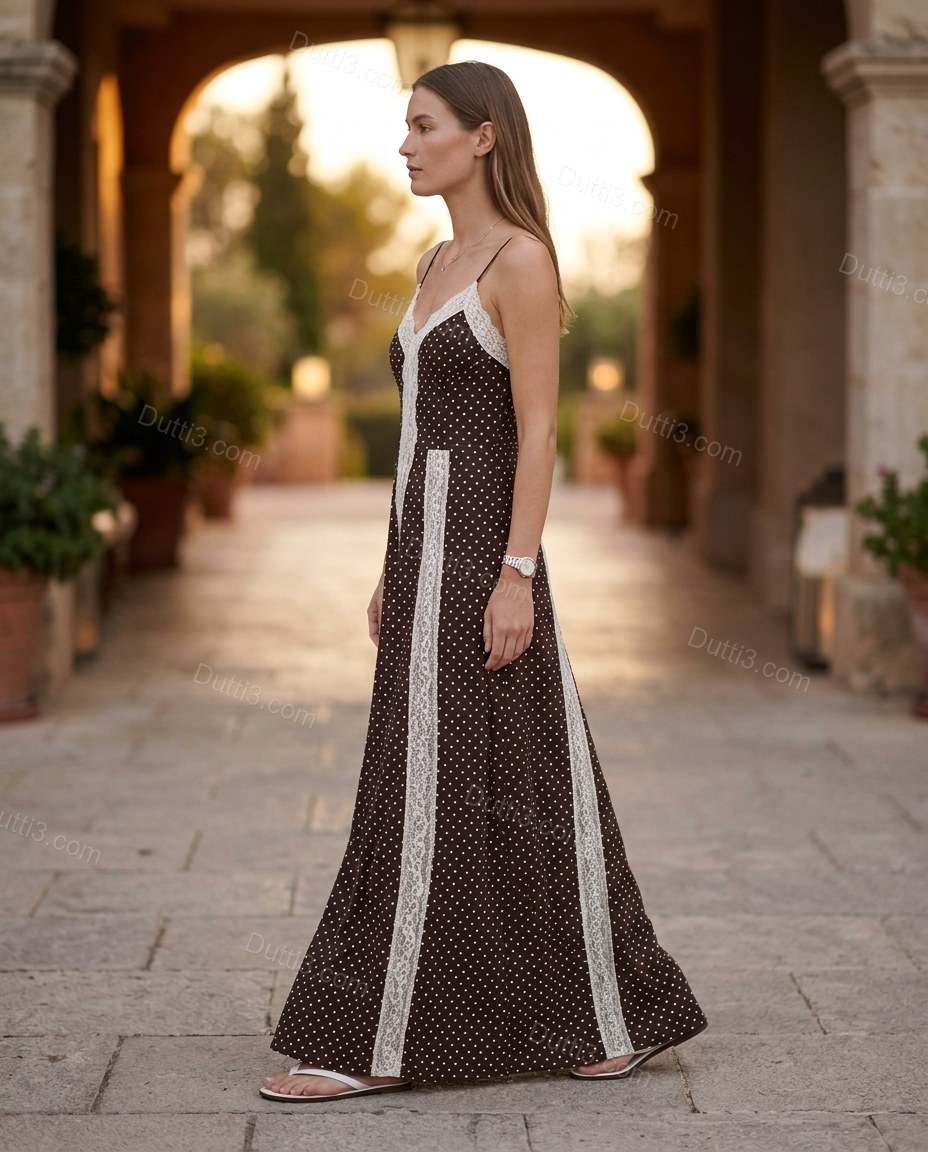 Brown Polka Dot Maxi Lace Dress, walking lifestyle view, by Dutti3