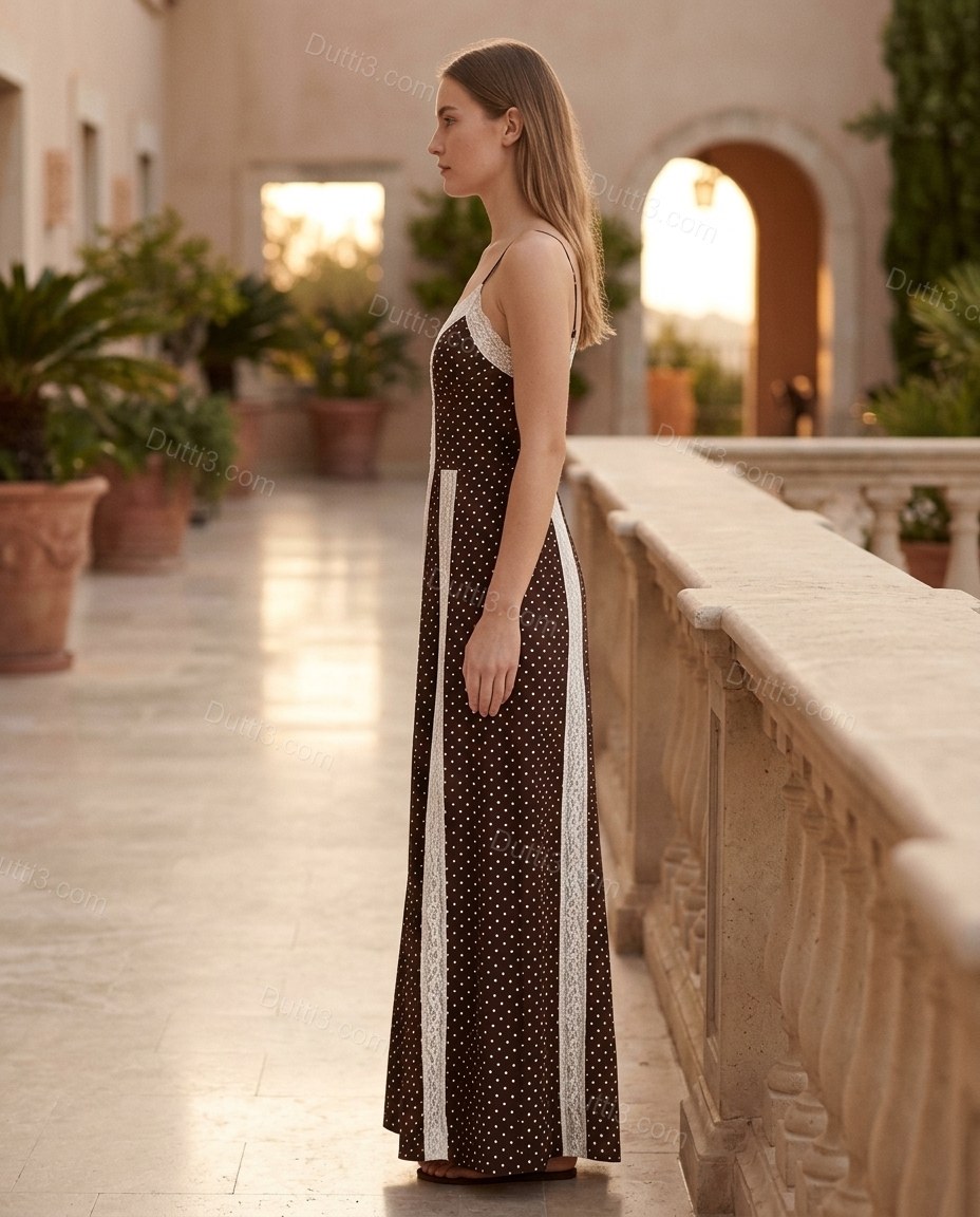 Brown Polka Dot Maxi Lace Dress, three-quarter brand lifestyle view, by Dutti3