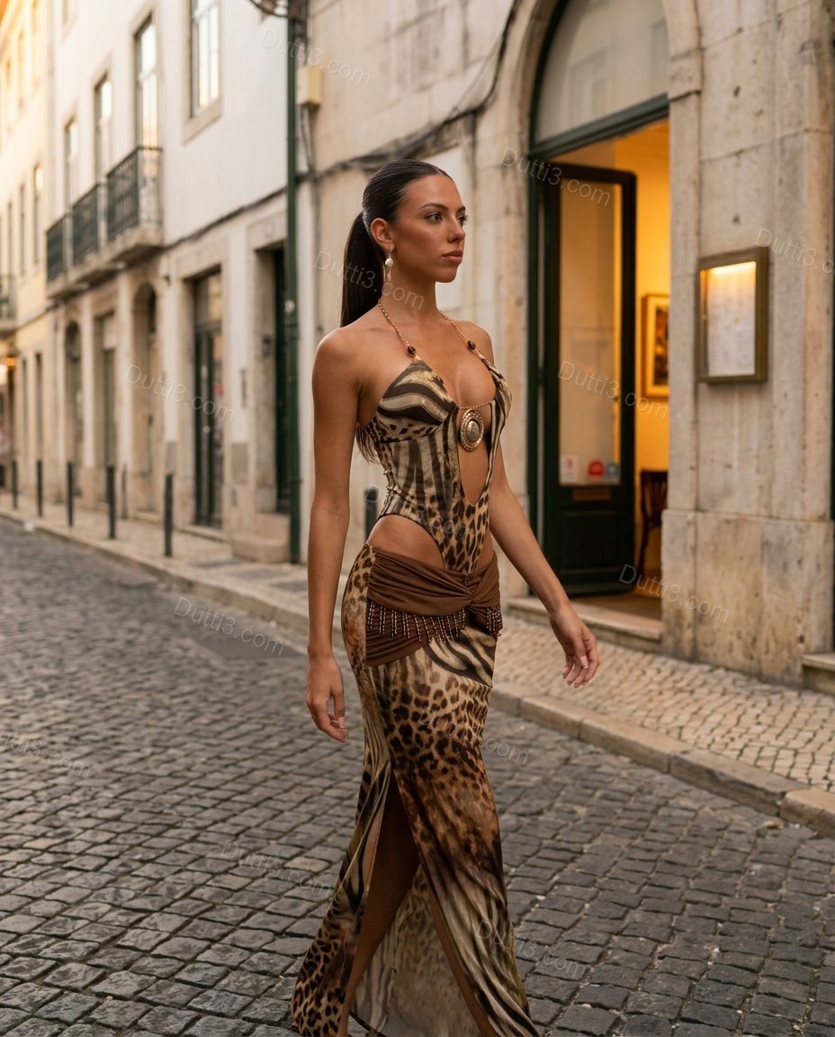 Brown Leopard Print Maxi Halter Dress, movement and fit lifestyle view, by Dutti3