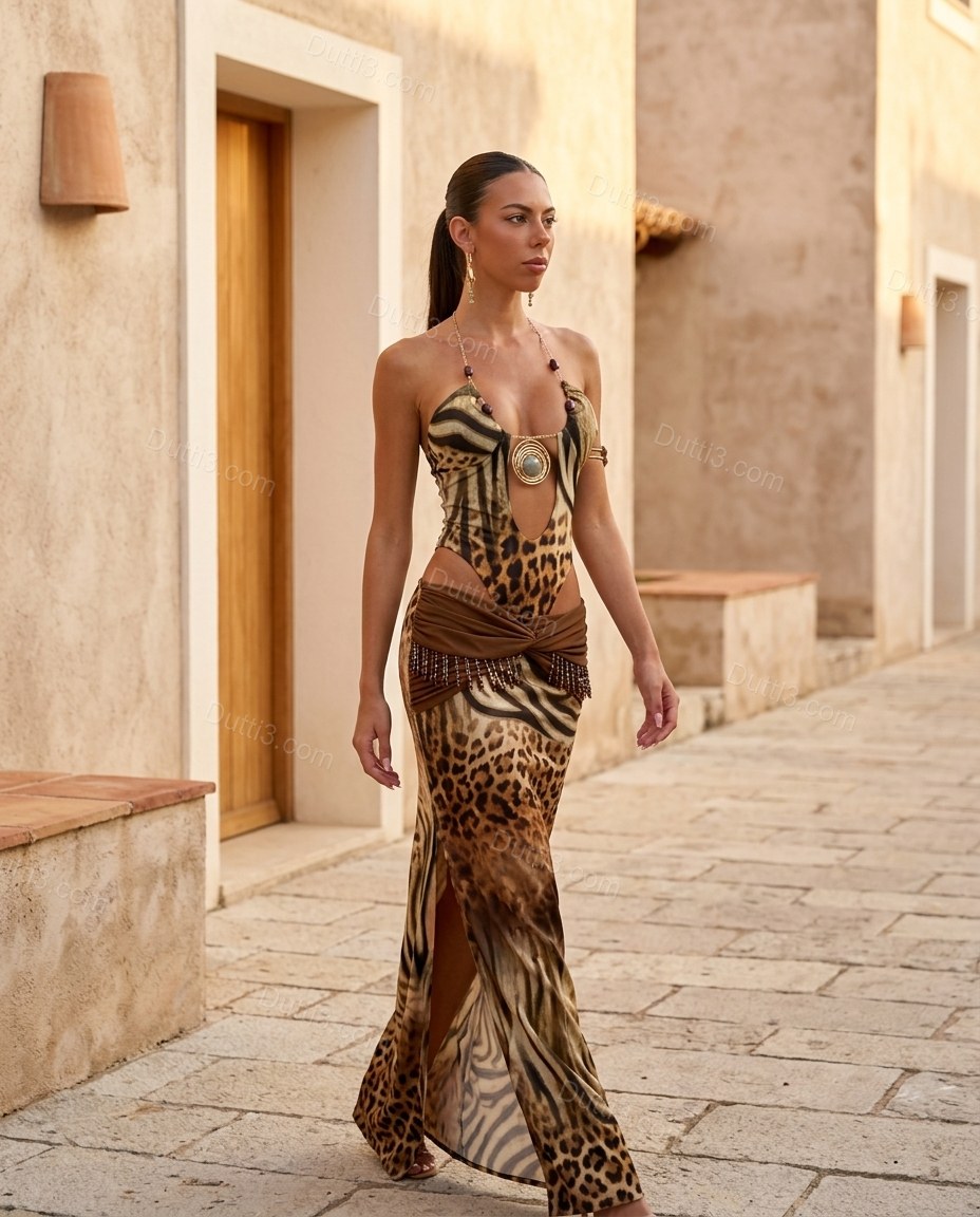 Brown Leopard Print Maxi Halter Dress, alternate use-case lifestyle view, by Dutti3