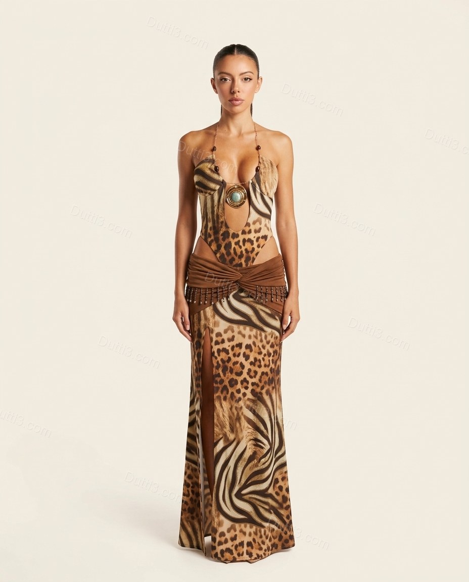 Brown Leopard Print Maxi Halter Dress, front studio view, by Dutti3