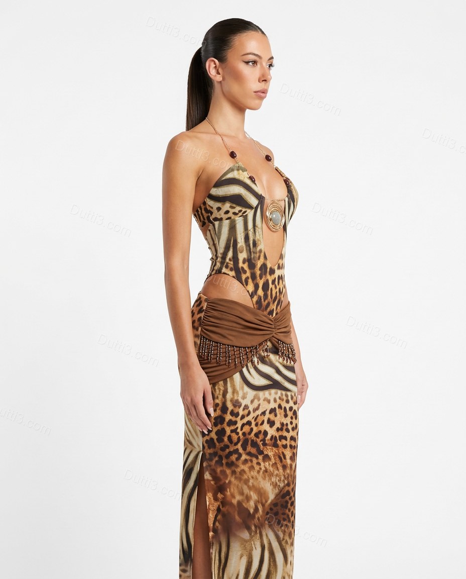 Brown Leopard Print Maxi Halter Dress, side and back studio view, by Dutti3