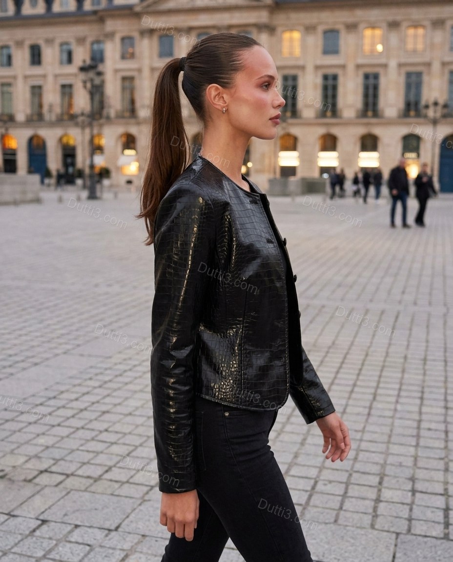 Black Peplum Jacket, movement and fit lifestyle view, by Dutti3