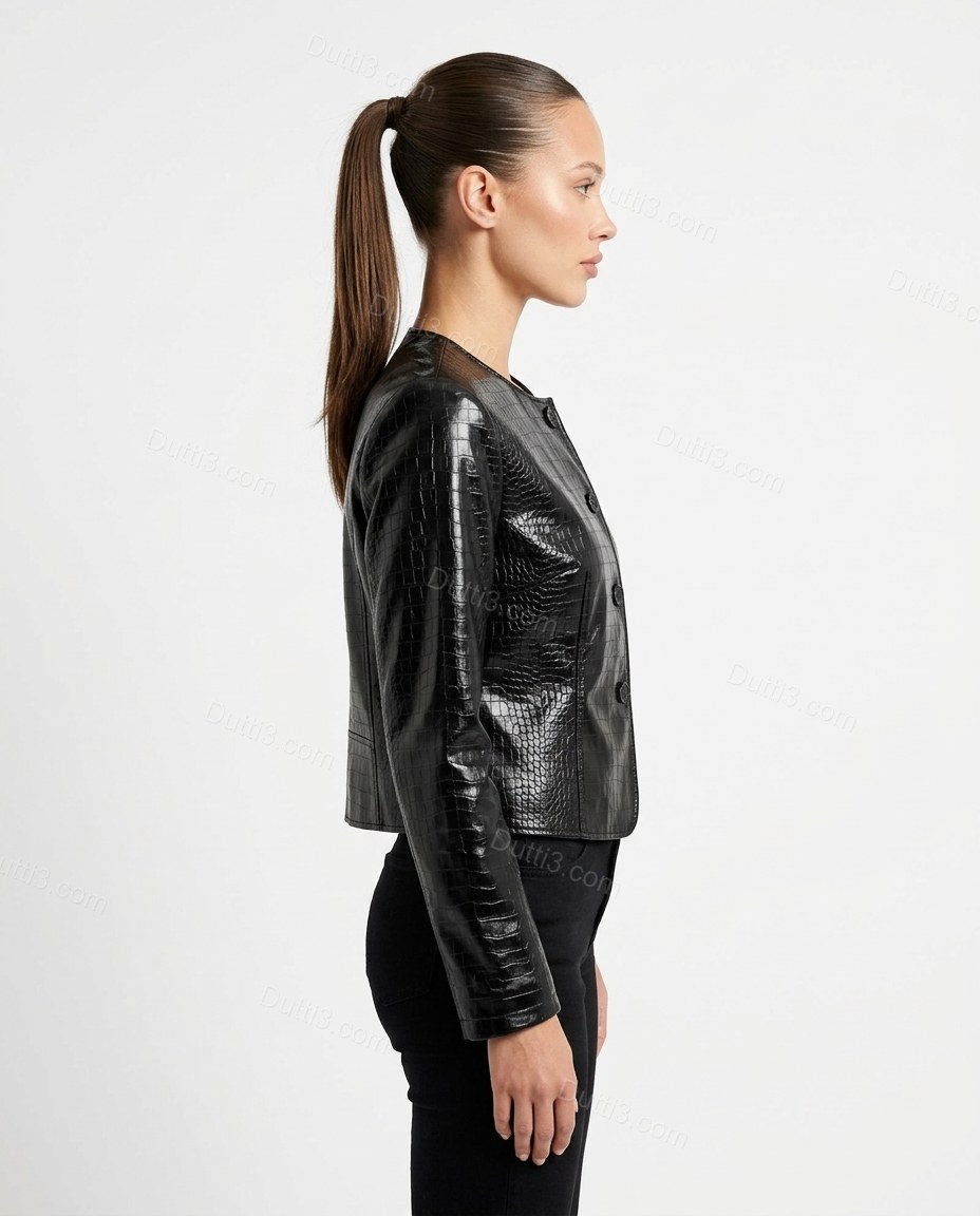 Black Peplum Jacket, side and back studio view, by Dutti3