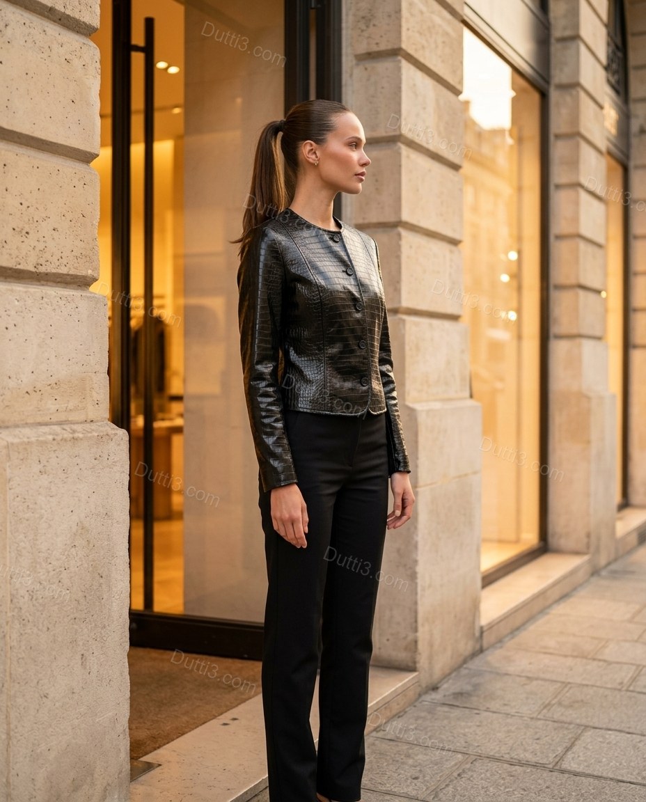 Black Peplum Jacket, three-quarter brand lifestyle view, by Dutti3