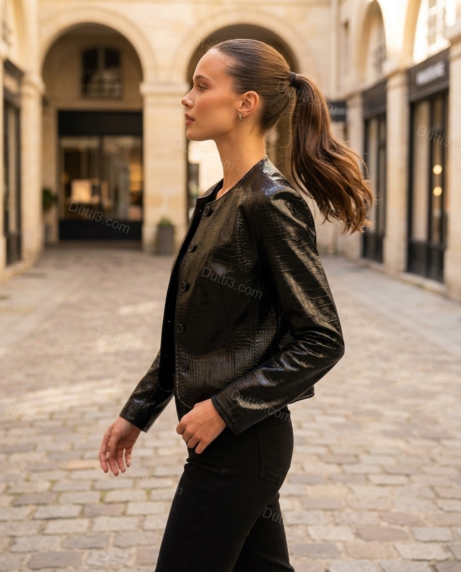 Black Peplum Jacket, walking lifestyle view, by Dutti3