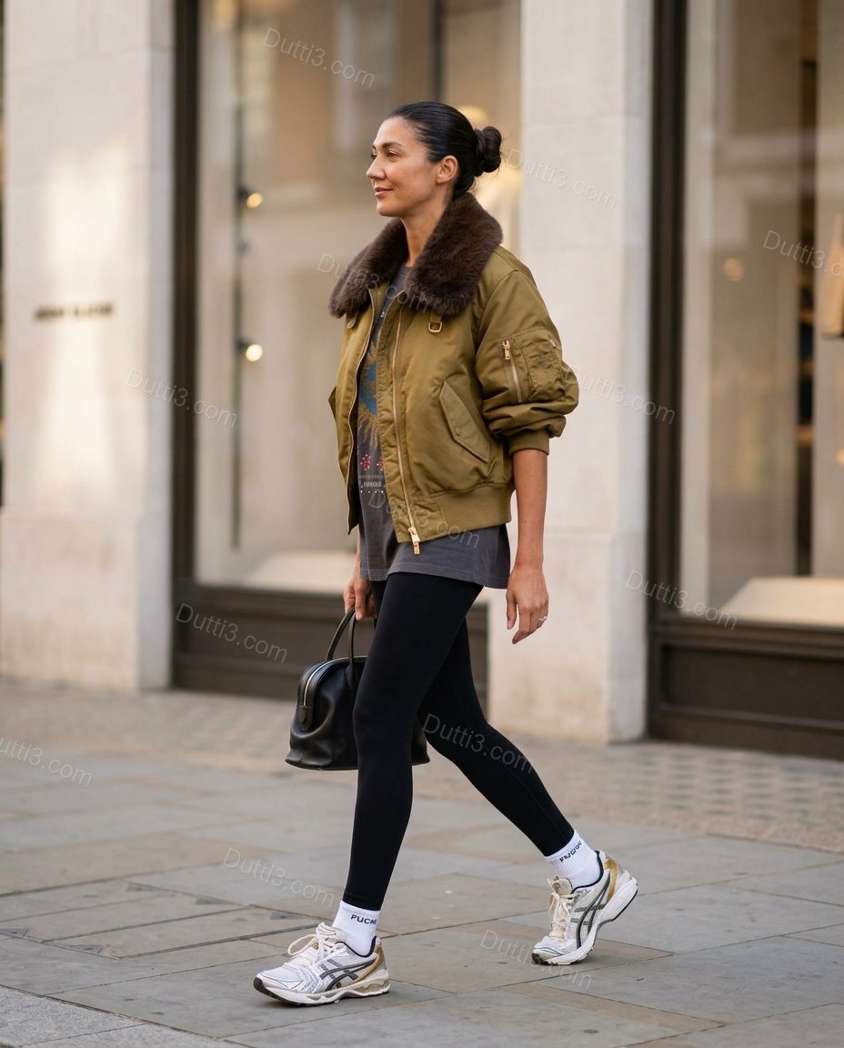 Olive Faux-Fur Ribbed Jacket, walking lifestyle view, by Dutti3