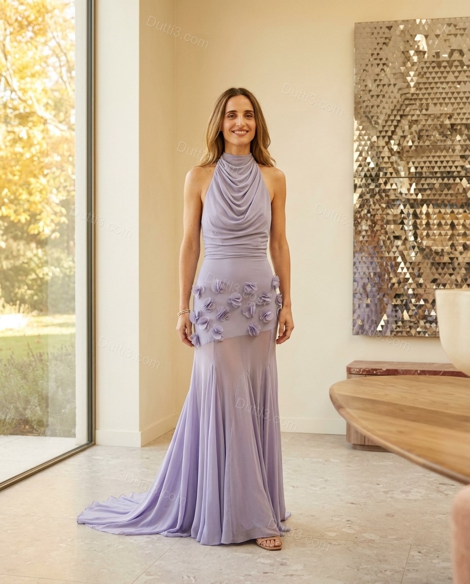 Lavender Maxi Cowl-Neck Knit Dress, full-length hero view, by Dutti3