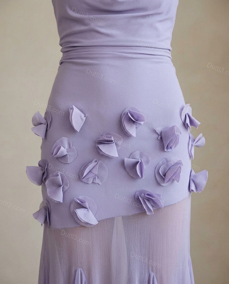 Lavender Maxi Cowl-Neck Knit Dress, close-up of draped cowl neckline, sheer mid-skirt panel and 3d floral appliques, by Dutti3