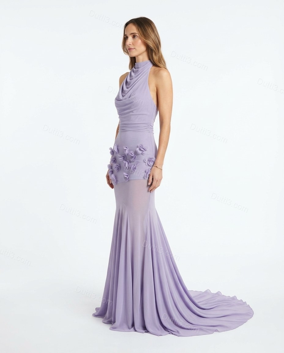 Lavender Maxi Cowl-Neck Knit Dress, side and back studio view, by Dutti3