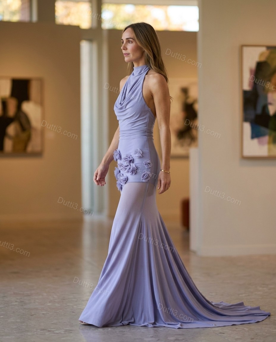 Lavender Maxi Cowl-Neck Knit Dress, movement and fit lifestyle view, by Dutti3