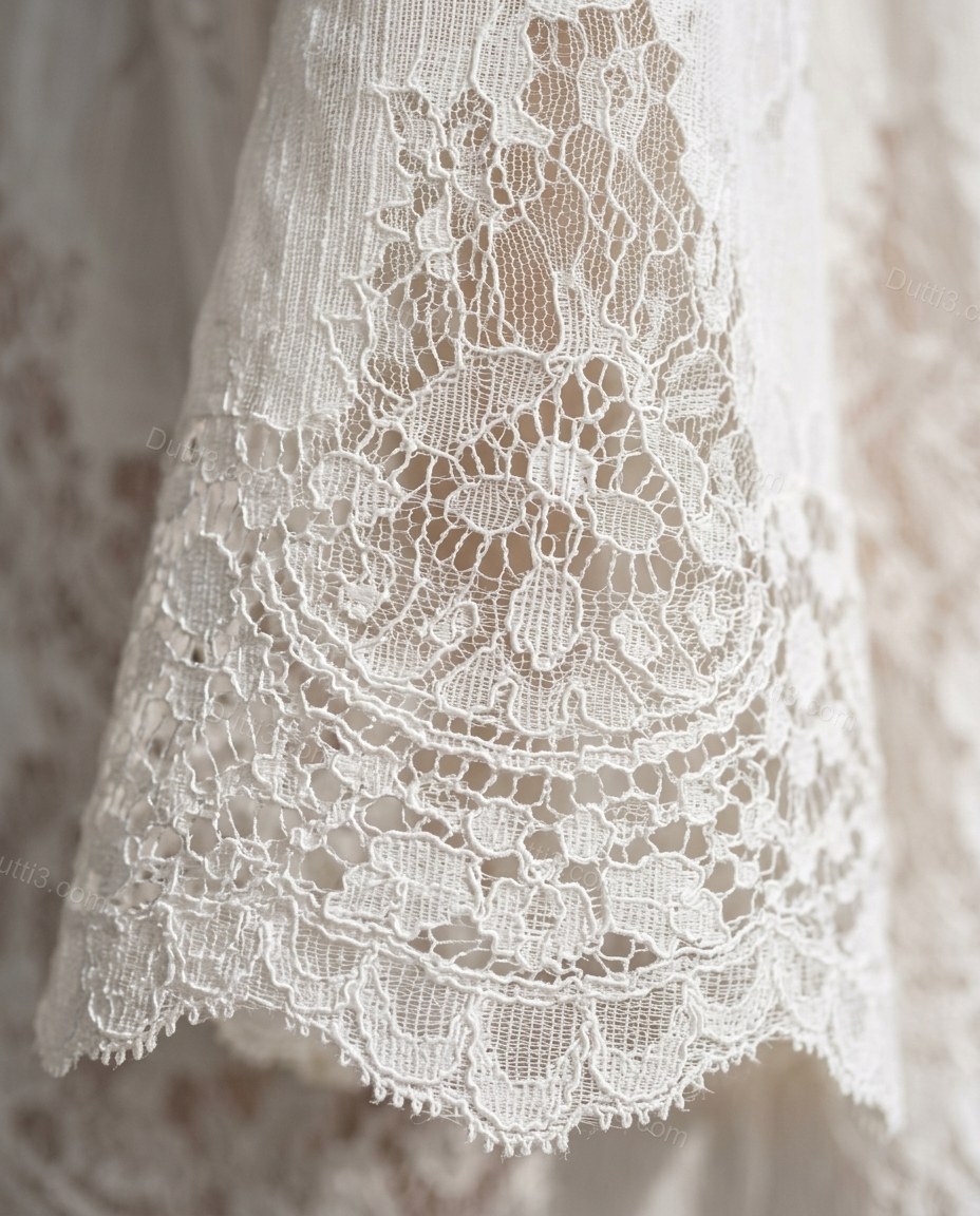 White Floral Mini Lace Dress, close-up of floral and scalloped hem, by Dutti3