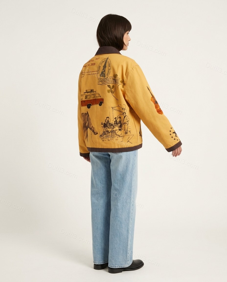 Mustard Yellow Embroidered Jacket, back studio view showing embroidered design with no visible details, by Dutti3