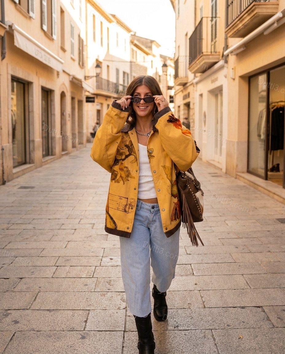 Mustard Yellow Embroidered Jacket, alternate use-case lifestyle view, by Dutti3