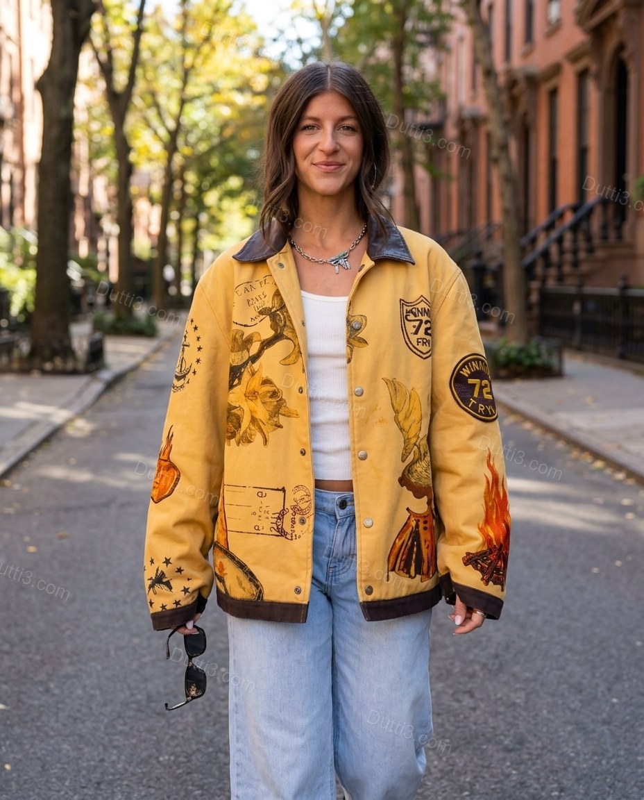 Mustard Yellow Embroidered Jacket, full-length hero view, by Dutti3