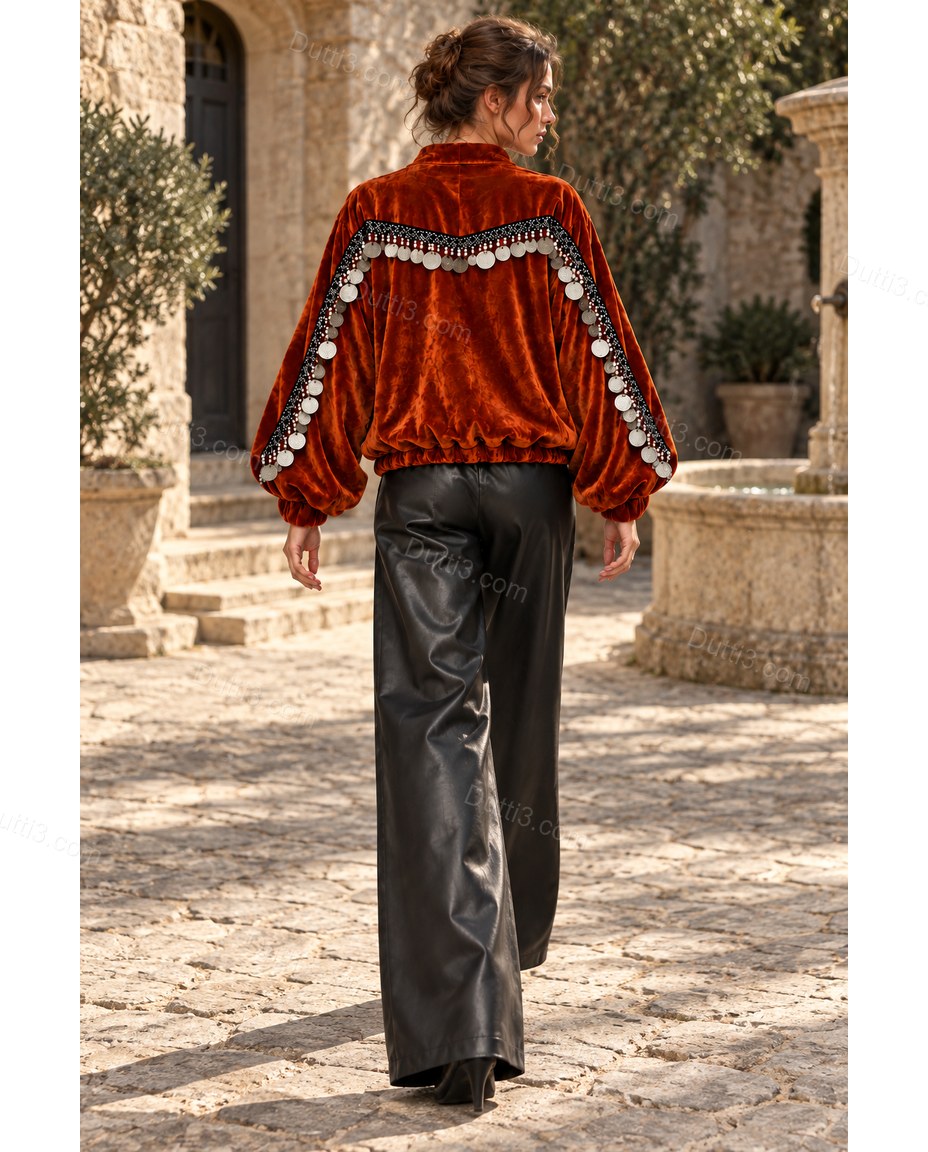 Rust Velvet Jacket, movement and fit lifestyle view, by Dutti3