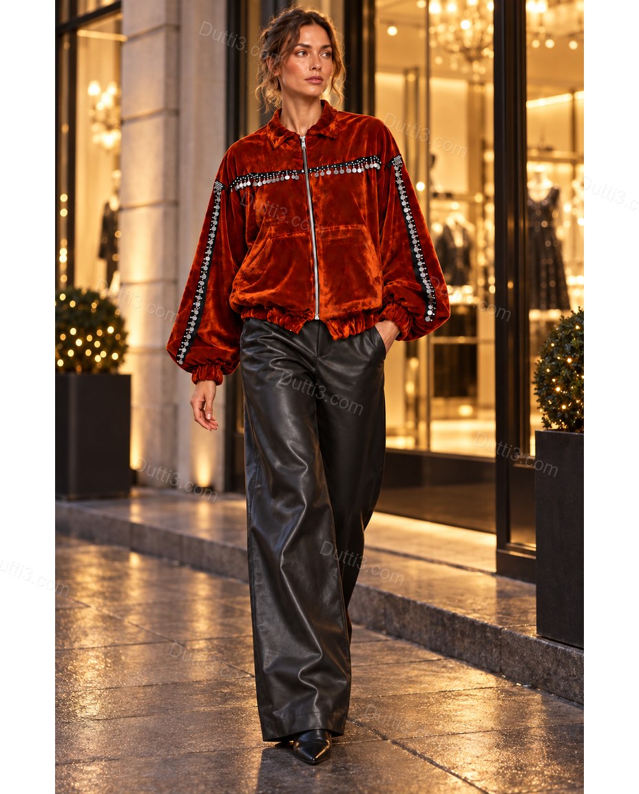 Rust Velvet Jacket, three-quarter brand lifestyle view, by Dutti3