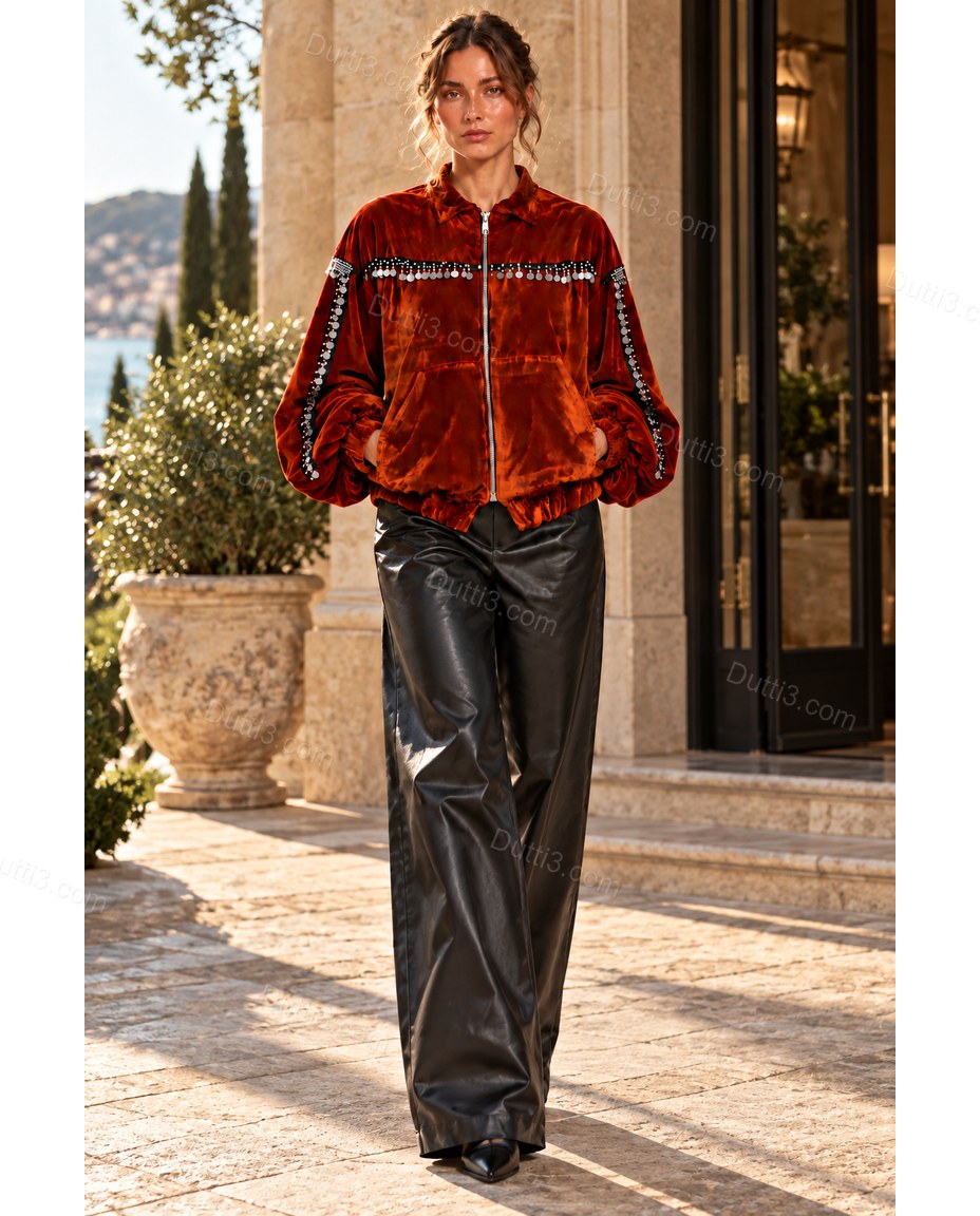 Rust Velvet Jacket, full-length hero view, by Dutti3