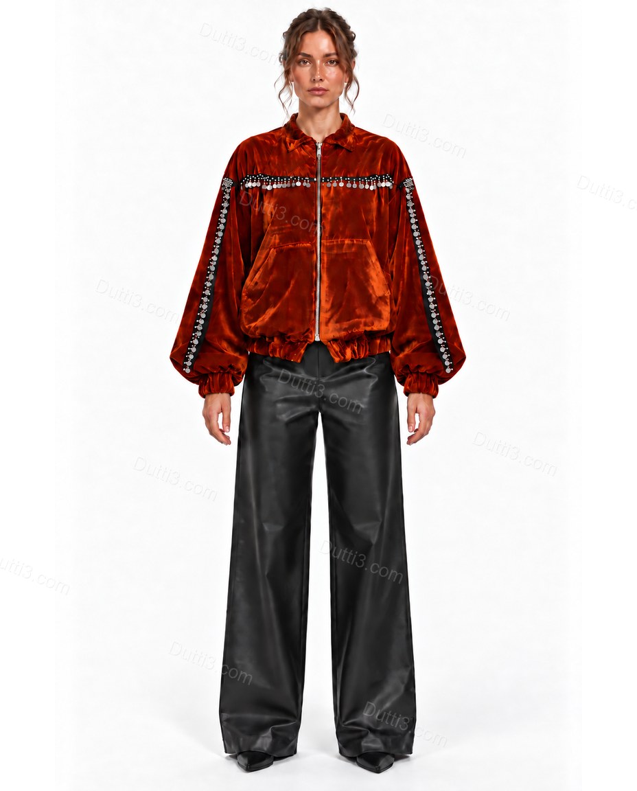 Rust Velvet Jacket, front studio view, by Dutti3