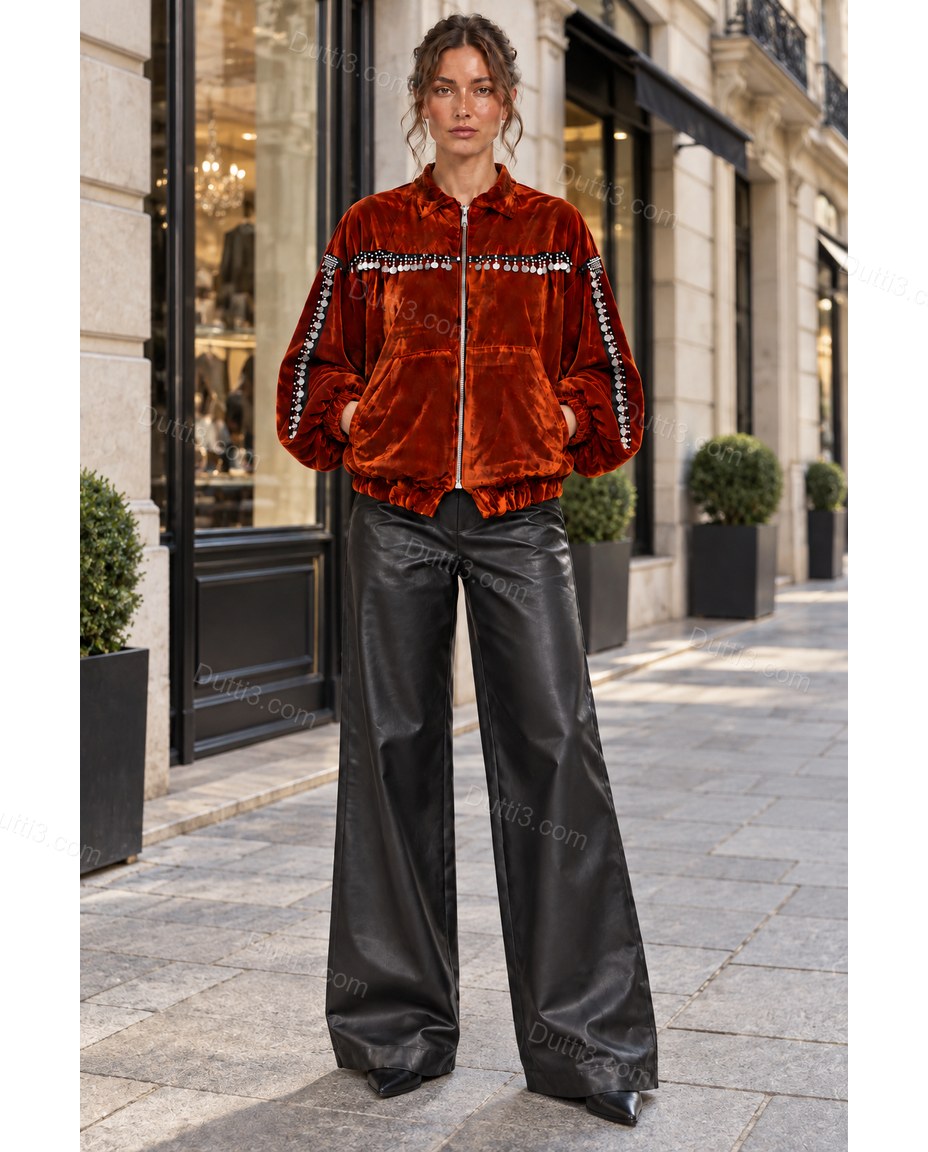 Rust Velvet Jacket, walking lifestyle view, by Dutti3