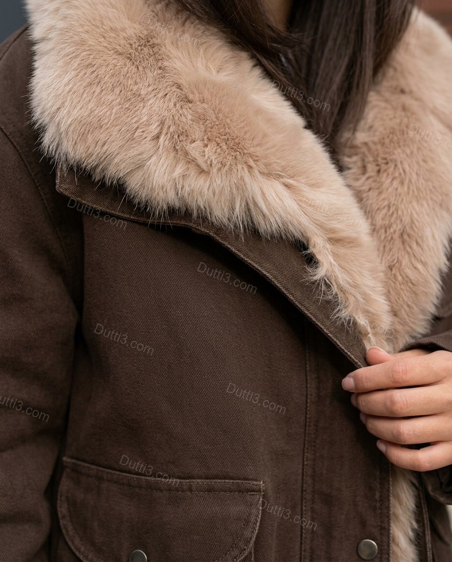 Brown Faux-Fur Jacket, close-up of beige accents, faux fur trim and front flap pockets, by Dutti3
