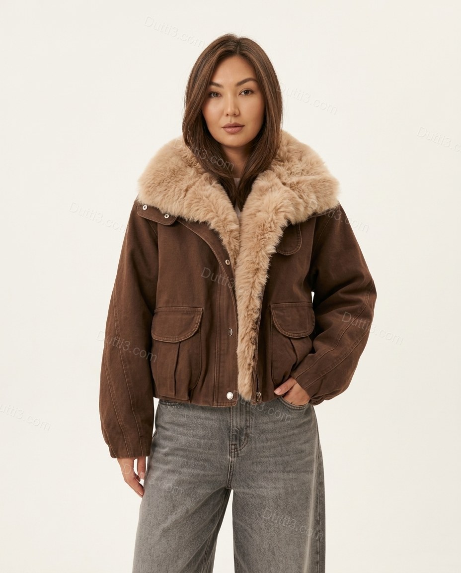 Brown Faux-Fur Jacket, front studio view, by Dutti3