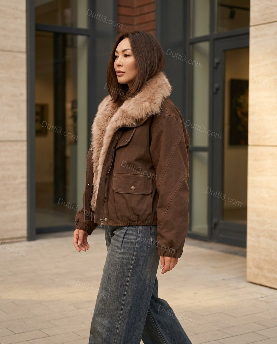 Brown Faux-Fur Jacket, walking lifestyle view, by Dutti3