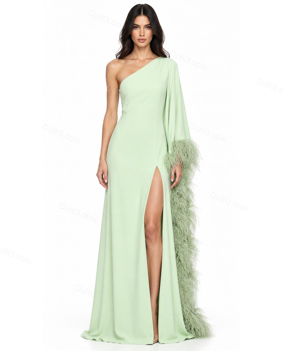 Light Green Maxi One-Shoulder Feather-Trim Dress, front studio view, by Dutti3